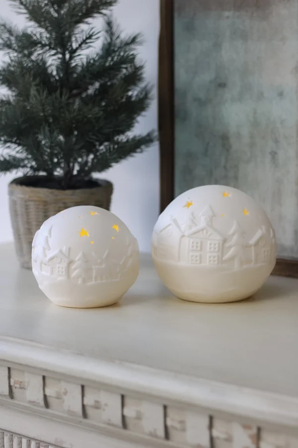 White Embossed Ceramic LED Christmas Scene Ball Ornament